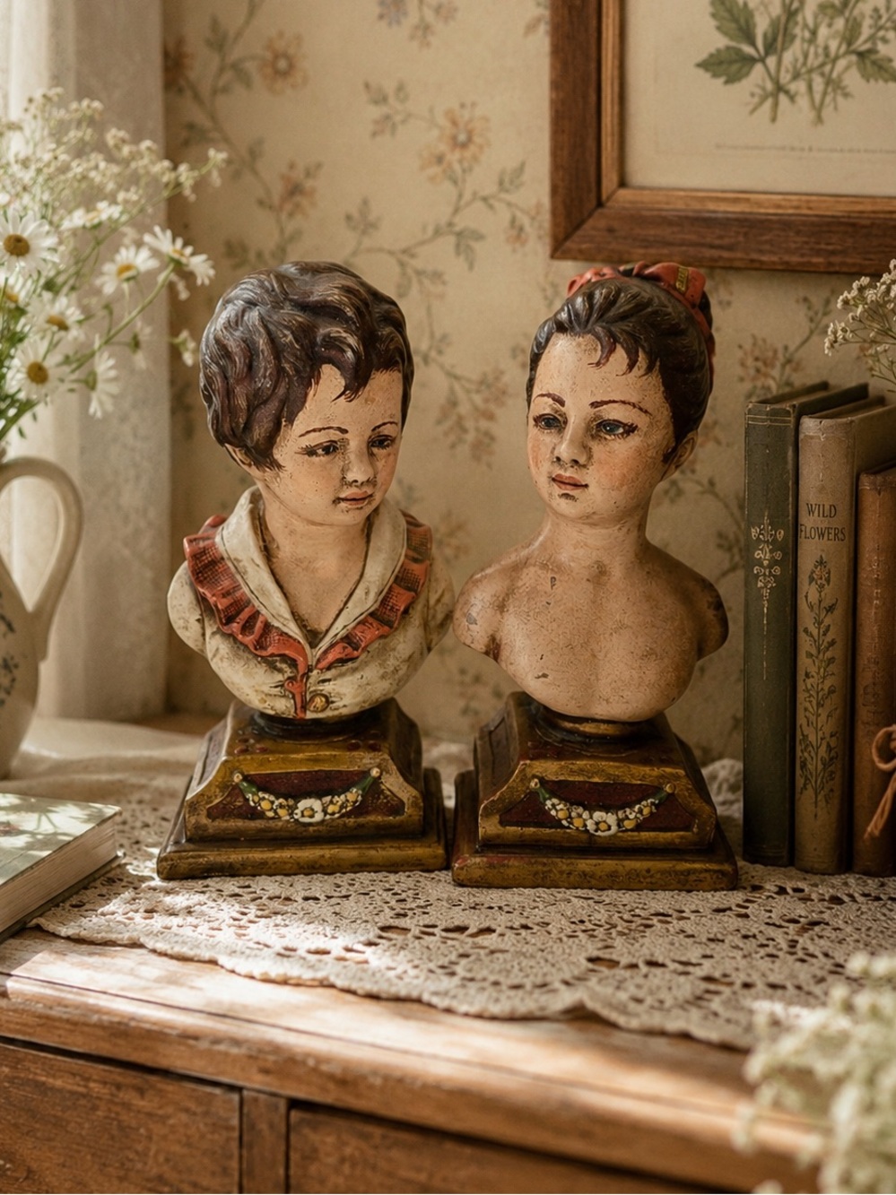Vintage Victorian Chalkware Boy & Girl Bust Bookends - Hand-Painted
